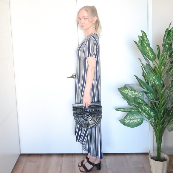 Zara Navy & White Striped Knitted Short Sleeve Loose Fit Maxi Dress Size M - Picture 3 of 12